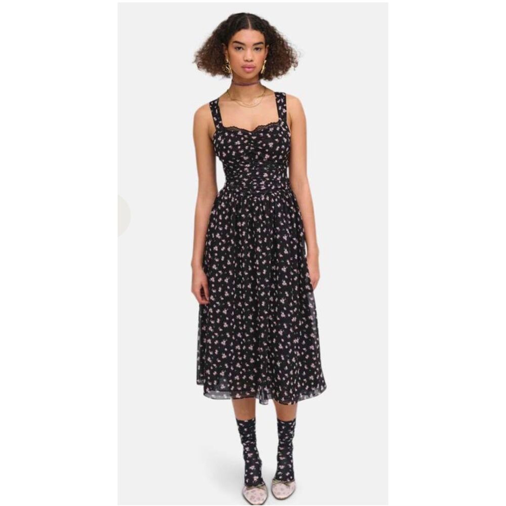 For Love & Lemons Goth Noa Black Floral Midi Dress Black Size Small EUC